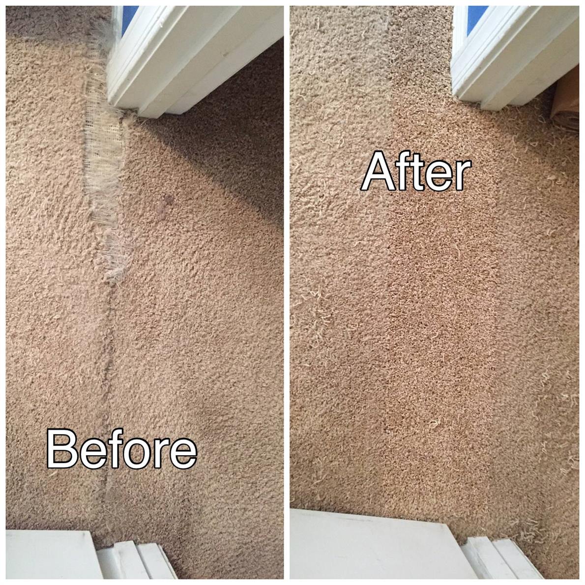 Before and after of a frayed carpet seam beside a doorway, shown side by side, rewoven and blended smooth