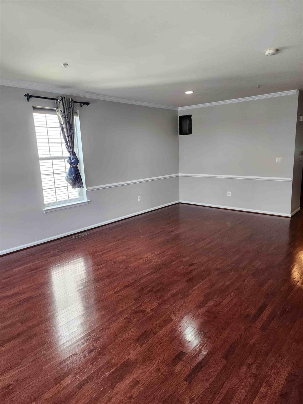A refinished hardwood floor in a cleared room